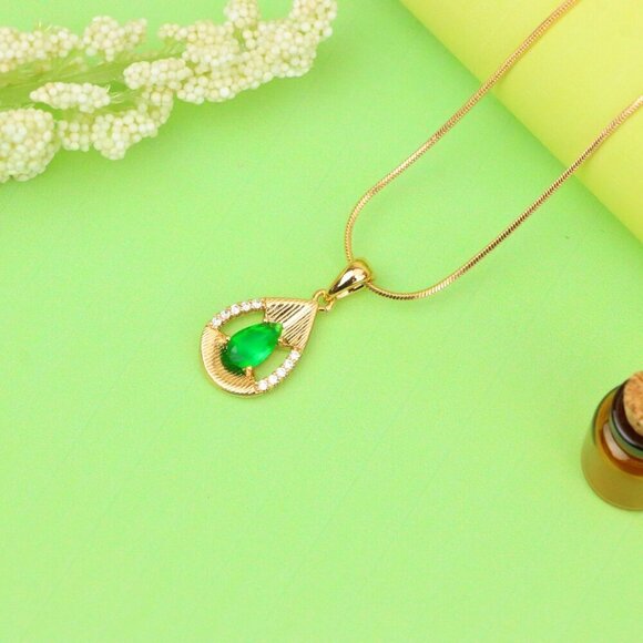 "Teardrop Green Pendant with Sparkling Accents in Gold Finish, XPPT1689 - Picture 9 of 13